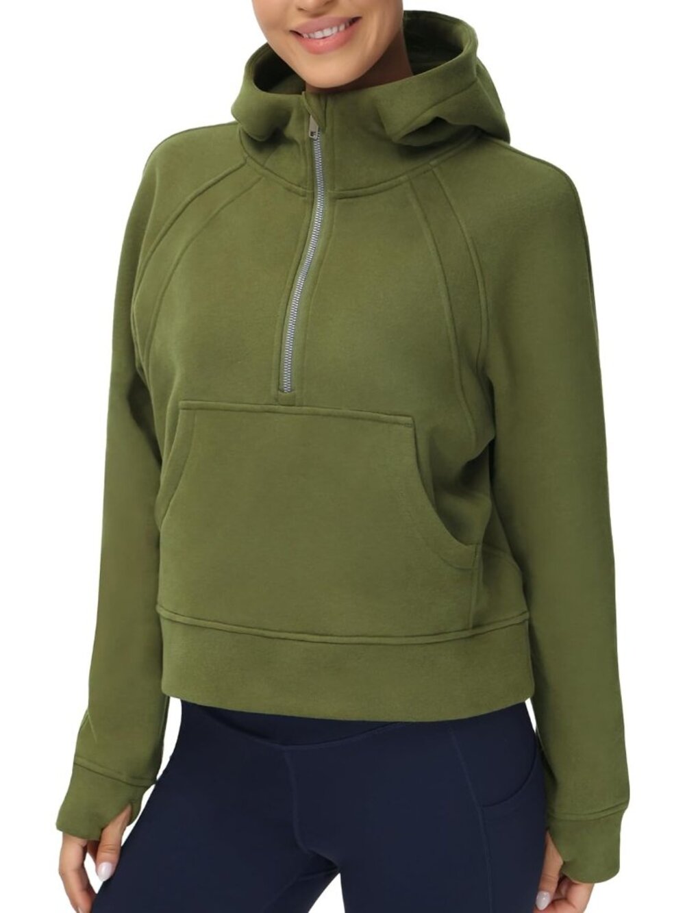 Women's Olive Warm Fleece Lined Half Zip Thumb Hole Cropped Pullover Sweatshirt